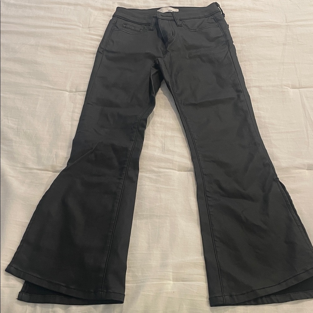 Vervet Black faux leather Flared Pants with slits at bottom size 25